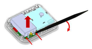 easing the leads out carefully and releasing the battery with a spudger